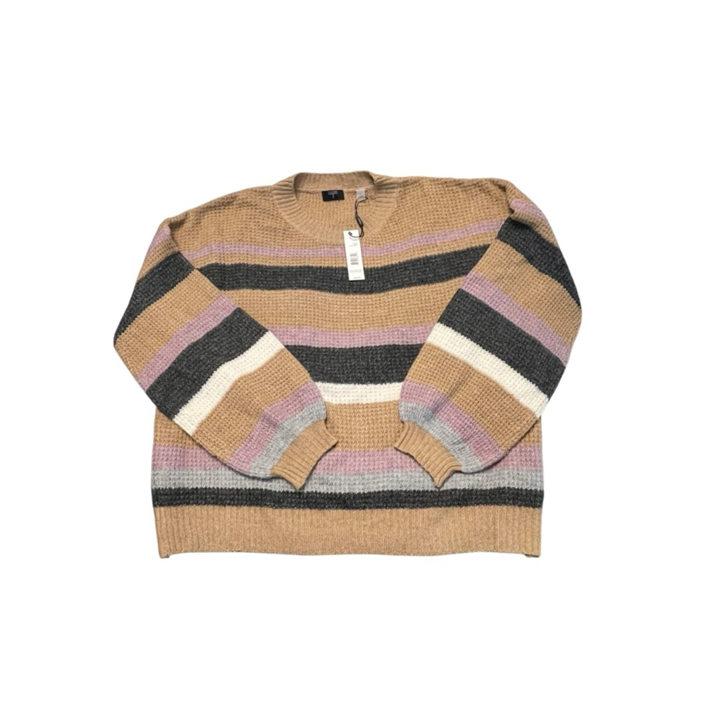 Tahari Large Toffee Combo Striped Crew Neck Sweater